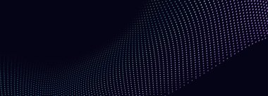 Soyut arkaplan. Yüzen noktalar, parçacıklar, dalga deseni, 3 boyutlu eğri, yarım tonlu eğri koyu arkaplanda izole edilmiş. Teknoloji, bilim, müzik, modernite kavramında vektör.