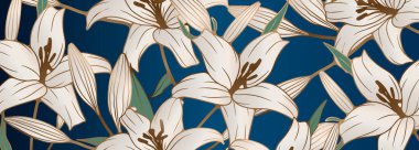 Lükslü çiçek tasarımı, koyu mavi arka planda beyaz zambaklar. Çiçek vektörü geniş yatay arkaplan.