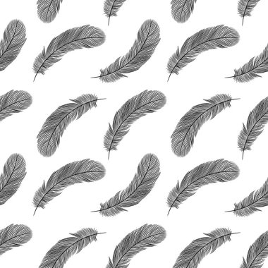 Tüyleri olan soyut siyah ve beyaz vektör deseni. Giysi, ambalaj kağıdı, kapak ya da arkaplan baskısı.