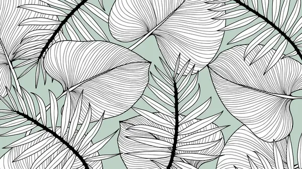 Soyut yeşillik ve botanik geçmişi. Yeşil tropikal orman duvar kağıdı canavar yaprakları, palmiye yaprakları, elle çizilmiş dallar. Pankart, baskı, dekor, duvar sanatı için egzotik bitkiler.