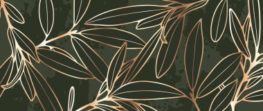 Koyu yeşil, altın zeytin dalları ve yapraklı botanik tasarımı..