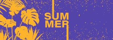 Renkli yaz afişi, tropikal bitki yapraklarıyla arka plan. Vektör illüstrasyonu