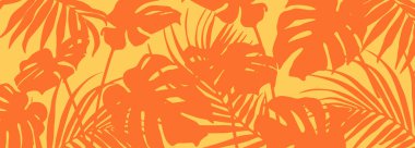 Renkli yaz afişi, tropikal bitki yapraklarıyla arka plan. Vektör illüstrasyonu