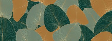 Lüks tropikal altın ve yeşil yapraklar. Yeşil ve turuncu tropik yapraklar. Vektör botanik çizimi.