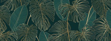 Lüks altın ve yeşil doğa vektör geçmişi. Çiçek deseni, altın yapraklı tropikal bitki canavar bitki çizgisi sanatı, vektör çizimi.