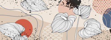 Çiçek ve botanik çizgisi sanat geçmişi. Tropikal yapraklı yaz tonu, nilüfer çiçeği, ginkgo yaprakları, dal vektörü