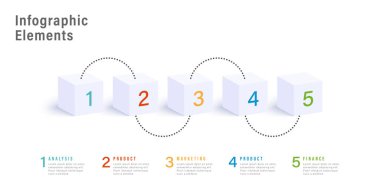 5 adım küplü ticari işlem grafikleri. Kübik kurumsal iş akışı grafik elementleri. Vektör bilgi grafikleri tasarımı