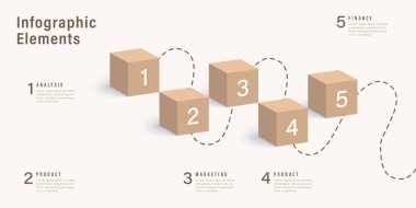 5 adım küplü ticari işlem grafikleri. Kübik kurumsal iş akışı grafik elementleri. Şirket akış şeması sunumu. İzometrik tasarımda vektör bilgisi grafiği