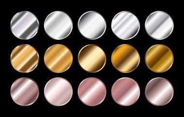 Altın, gümüş ve gül altın madalyaları, simgeler ve logolar için yuvarlak çerçeveler. Vektör illüstrasyonu