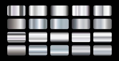 Gümüş doku gradyan arka plan büyük vektör seti. Çerçeveler, afişler ve etiketler için metalik tasarım