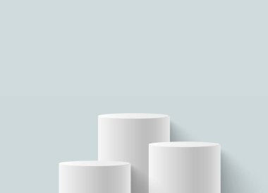 Silindir podyum tüp, daire şeklinde podyum, sahne. 3d soyut asgari sahne modeli, ürün sergisi. Sahne gösterisi. Açık mavi arkaplanda vektör geometrik biçimler