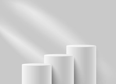 Silindirik beyaz mat podyumları. Ürünü göstermek için ışık huzmeleri ile arka plan.