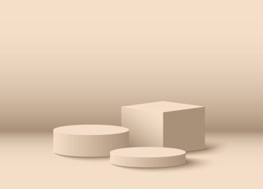 3 boyutlu bej renkli silindirik podyum kaidesi, küp şeklindeki boş duvar sahnesi. En düşük model ya da soyut ürün gösterimi.