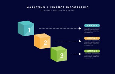 Bilgi şablonu ve 3 seçenek veya adım. Üç boyutlu renkli küpler. Çalışma düzeni, diyagram, pankart, web tasarımı. Vektör illüstrasyonu