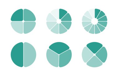 Daire bölümü bilgi simgesi seti. Pasta grafiği 2, 3, 4, 8, 12 eşit parçaya bölündü. Infographic tekerlek bölümü ve kesir. Vektör illüstrasyonu beyaz arkaplanda izole edildi.