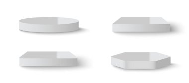Pırıl pırıl yüzeyi olan üç boyutlu beyaz arka plan podyumları. Stüdyo galerisi kaidesi, vitrin modeli sahnesi. Ürün sunumu için 3d vektör podyumu.