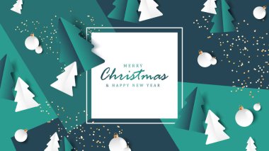 İçinde köknar ağaçları, beyaz Noel baloları ve altın konfeti olan Noel kartı. Kış tatil vektör illüstrasyonu