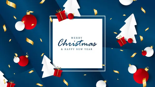 İçinde köknar ağaçları, Noel baloları ve altın konfeti olan bir Noel kartı. Kış tatil vektör illüstrasyonu