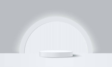 Gerçekçi beyaz silindir kaide podyumuna sahip soyut 3D oda ve yarı çember arkaplanı aydınlat.