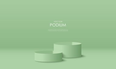 Üç boyutlu podyum arka planı. Gerçekçi seviye yeşil silindir kaidesi, ışık ve gölge sahnesiyle ayarlandı. Asgari tasarımda soyut kompozisyon. Platformlar model ürün sunumu. Sahne gösterisi.