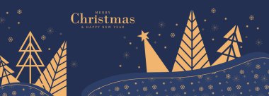 Noel ağacı şenlikli kış ortamı. Yeni ve Noel kartı, poster, kar taneleriyle kaplı.