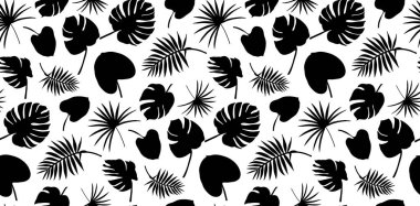 Tropikal yaprakların siluetleri ve bitkilerin vektörsüz desenleri. Tropikal siyah beyaz çizim