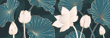 Altın Lotus çizgisi sanat vektörü. Nilüfer çiçekli, yeşil yapraklı ve elinde çiçek açan lüks duvar kağıtları. Pankart, davetiye, ambalaj, duvar sanatı için zarif tasarım.