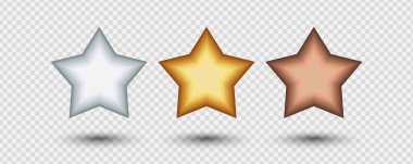 Şeffaf arkaplanda gümüş, altın ve bronz 3 boyutlu yıldız izole edildi