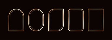 Sanat deco tarzında altın geometrik çerçeveler. Düğün davetiyesi için lüks altın sınırlar. Davetiye dekorasyonu için ince çizgi oval ve dikdörtgen ayarlandı.