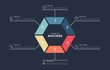 Altıgen vektör bilgi şablonu 6 adım veya seçenek ve doğrusal simgelerle
