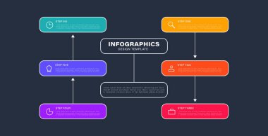 6 adım veya seçeneği ve oku olan minimalist bilgi tasarımı.