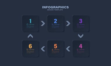 Neumorphism tasarım bilgisi, 6 adım zaman çizelgesi çizimi. Koyu mavi tasarım oklar ve simgeler