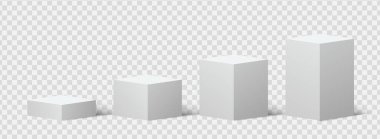 Farklı yüksekliklerdeki gerçekçi beyaz dikdörtgen podyumlar. 3d podyum vektör tasarımı