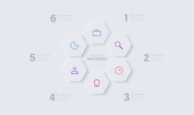 Bilgi aktarımı için neumorfik element. Şablon, grafik, sunum ve grafik. 6 Adım veya seçenek