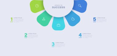 Yarı daire pasta grafiği 5 parçaya bölündü. Vektör bilgi grafikleri tasarım şablonu