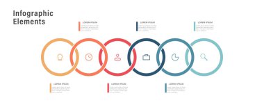 Kesişen daireler ve 6 adım veya seçenek içeren bilgi tasarım şablonu