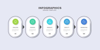 5 temiz bilgi tasarımı, iş stratejisinin ve ilerlemenin beş aşamasını sembolize eden şablon şeklindeki elementler. İşlem çubuğu veya zaman çizelgesi.