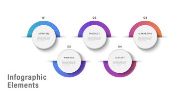 Infographic tasarım şablonu. 5 adım, parça ya da seçenekli zaman çizelgesi kavramı