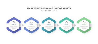 Altıgenler, simgeler ve metin için yer içeren 5 adım bilgi tasarım şablonu