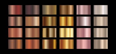 Altın, bronz ve gül sarısı gradyan arka plan büyük vektör seti. Çerçeveler, afişler ve etiketler için metalik tasarım