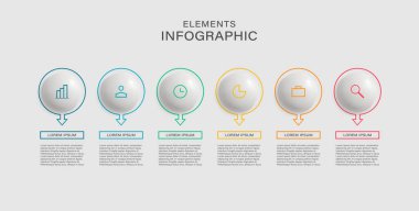 İnce çizgi simgeleri ve 6 seçenek veya adımlı ticari bilgi şablonu. Vektör illüstrasyonu.
