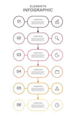 6 aşamalı bilgi şablonu ve 6 seçenek. İş raporu, veri görselleştirme ve sunum için kullanılabilecek akış şeması. Dikey Zaman Çizelgesi bilgisiName