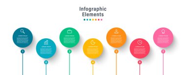 7 adım vektör bilgi grafiği tasarım şablonu. Renkli çemberler bilgi ögeleri
