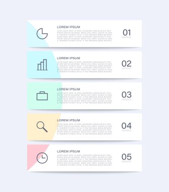 5 adım, parça ya da seçenekleri olan dikey bilgi dizayn şablonu