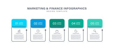 Yatay çizelgede 5 dikdörtgen element var. Simgeli bilgi tasarım şablonu