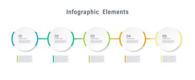 Yatay sıraya yerleştirilmiş 5 bağlı beyaz dairenin işlem şeması. Başlangıç gelişimi için 5 aşama kavramı. Modern bilgi tasarım şablonu.