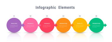 Okları ve metni olan 6 yuvarlak bilgi bloğu. Vektör bilgi tasarım şablonu