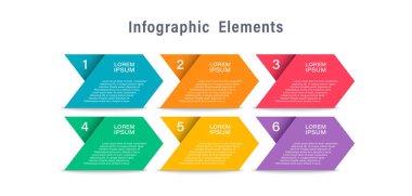 Oklar Infographic Vektör İllüstrasyonu. Metin ve sayılarla 6 Adımlı Süreç Kavramı