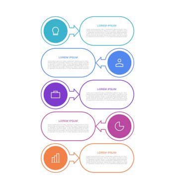 5 adımlı düz dikey bilgi şablonu veya ince çizgi simgelerine sahip seçenekler