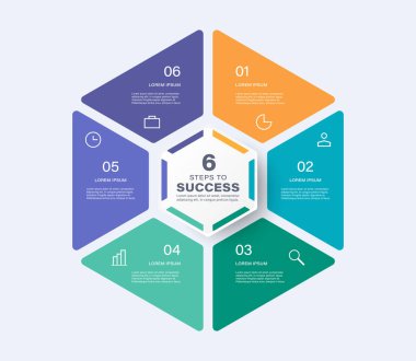 Altı parça ve simge içeren altıgen vektör bilgi şablonu